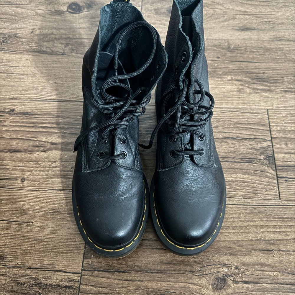 Dr. Martens Black Leather Ankle Boots with Yellow Stitching